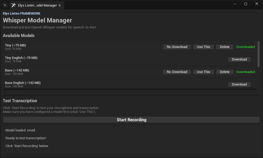 Elys Listen Model Manager showing downloaded Whisper models and the microphone test