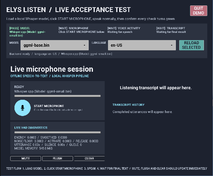 Elys Listen playable acceptance UI with model and language selectors, circular microphone control, VAD diagnostics, and transcript history