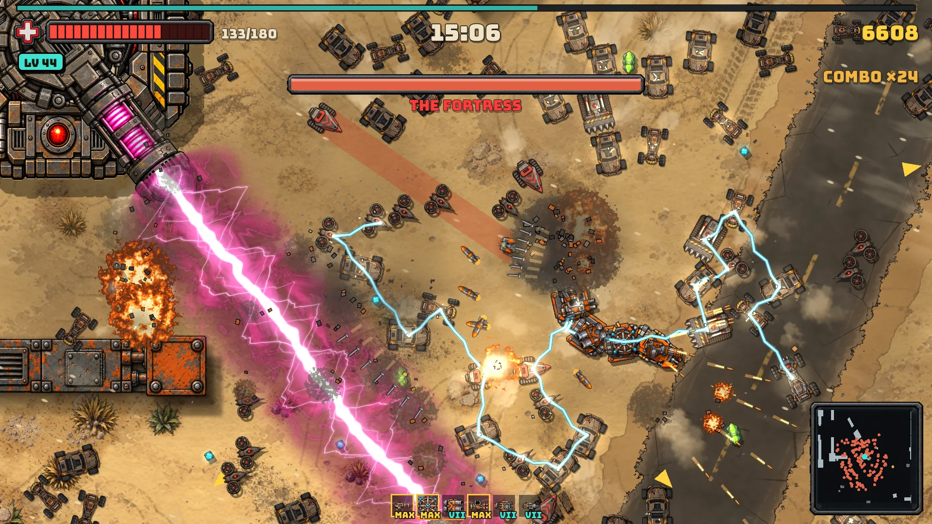The Fortress boss fires a pink beam in the Scrapyard