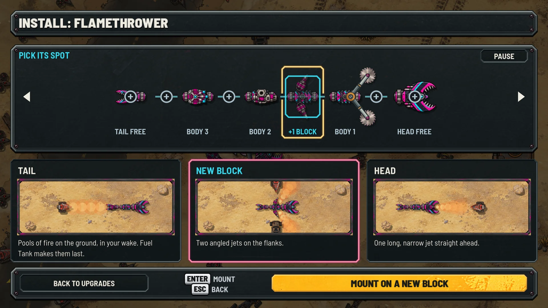 Full game screen: choosing where to mount a weapon on the snake